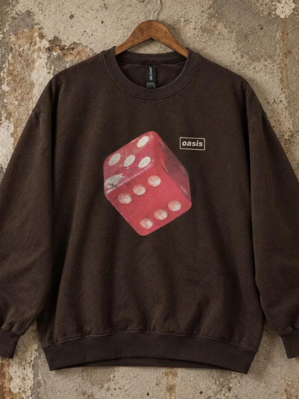 Gildan Dark Chocolate A Oasis Dice Crewneck Graphic Sweatshirt